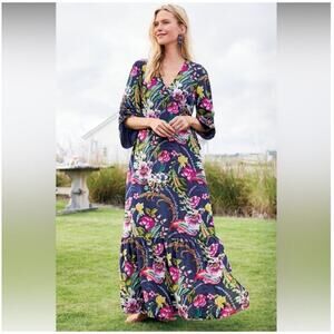 Soft Surroundings Womens Faux Wrap Maxi Dress Navy Blue Floral Size PS Small